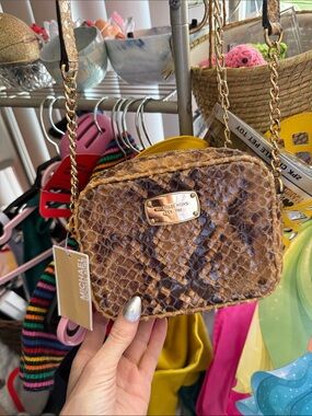Michael Kors Brown Snake-Print Crossbody Bag with Gold Chain